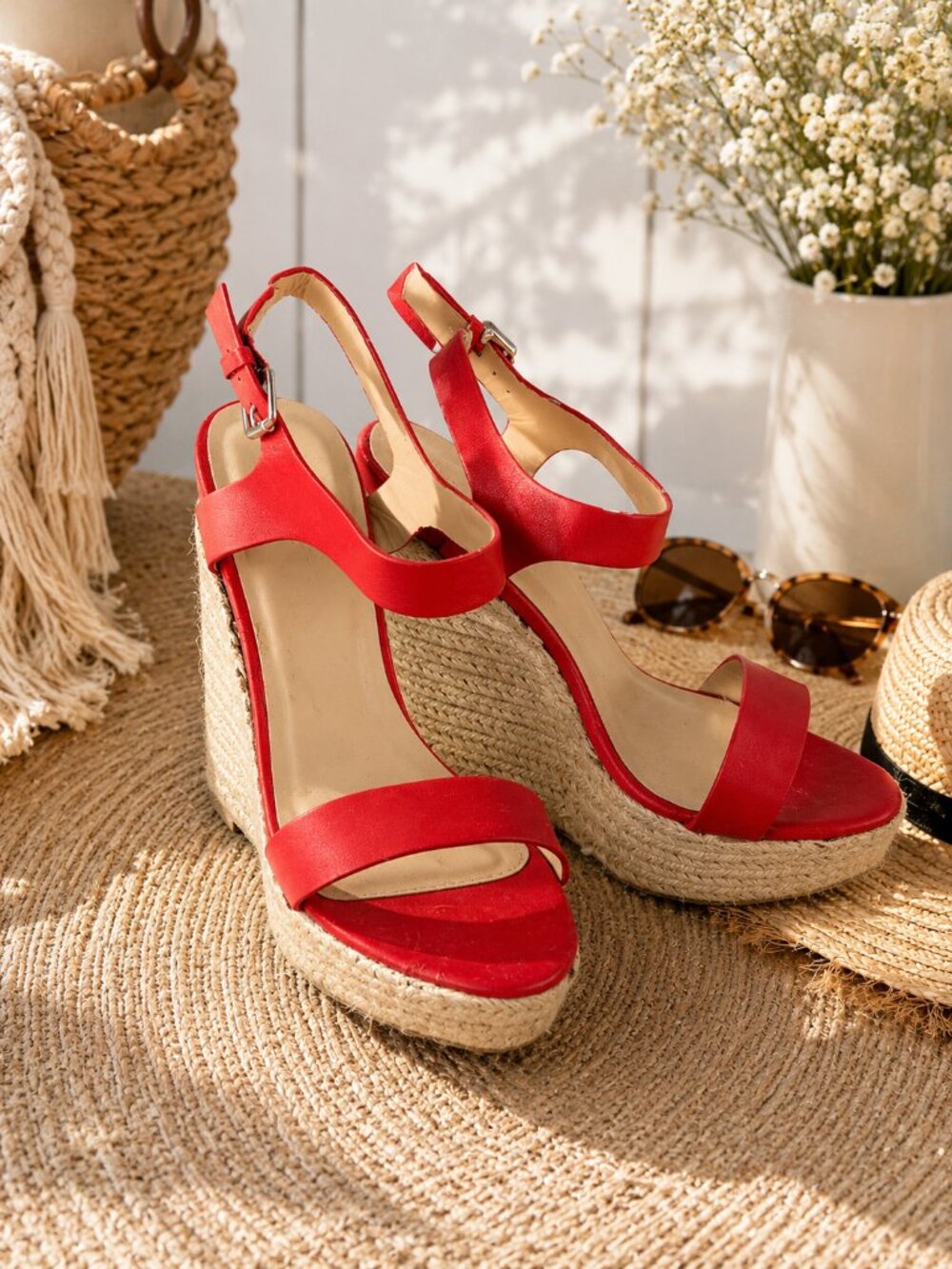 Red Espadrille Wedge Sandals Size 7 Ankle Strap Platform Summer Shoes